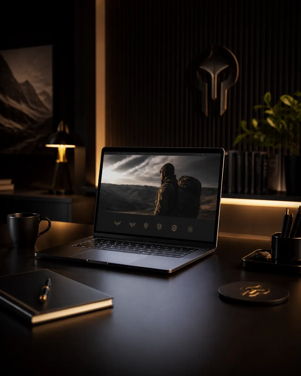 A moody, gold-lit workspace where MathesonManagementGroup builds brands.